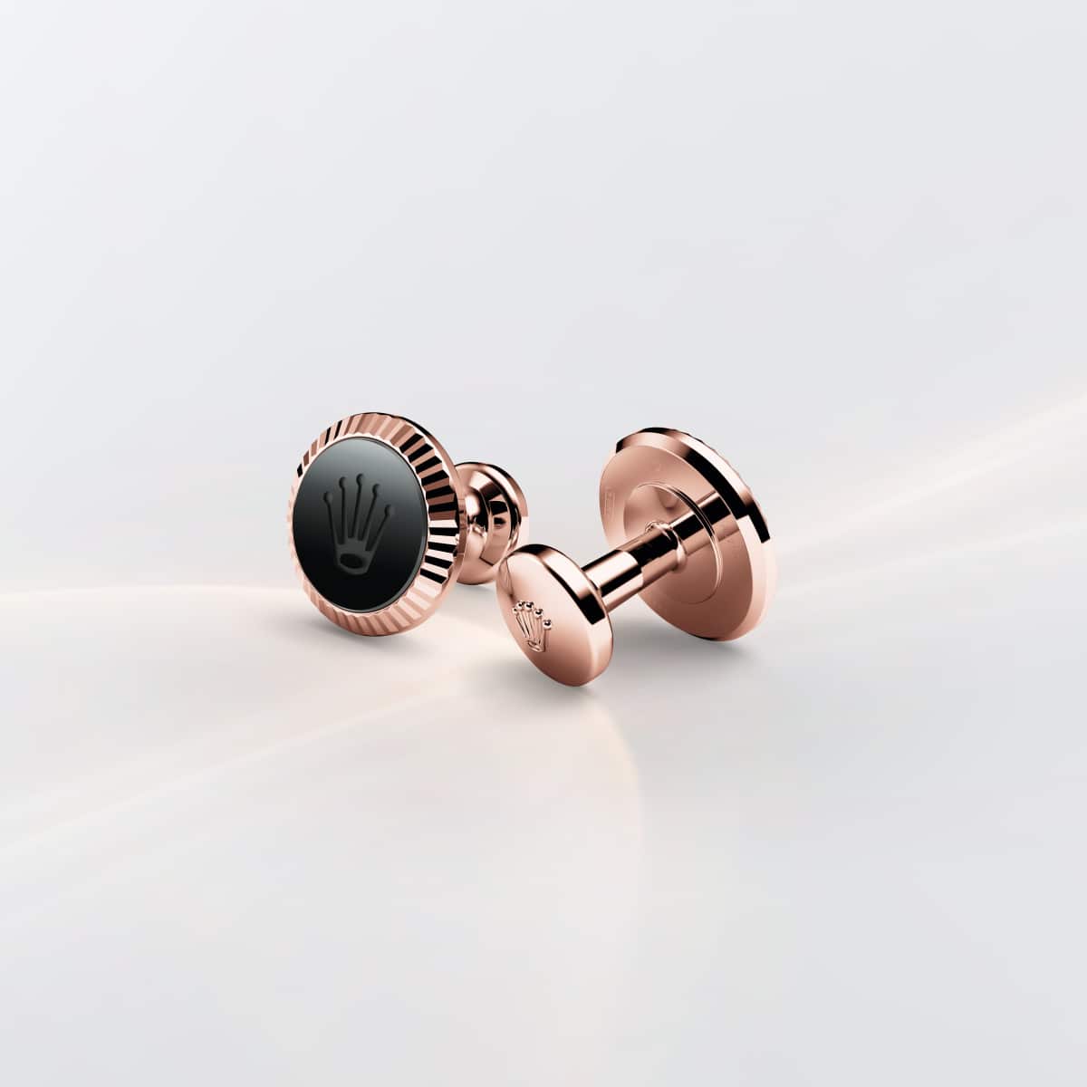 Rolex ‘Fluted’ cufflinks in Everose gold and ceramic, A1035 at Cufflinks 