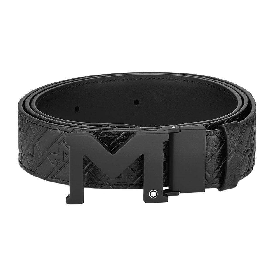 M Buckle Embossed Black/Plain Black 35 mm Reversible Leather Belt