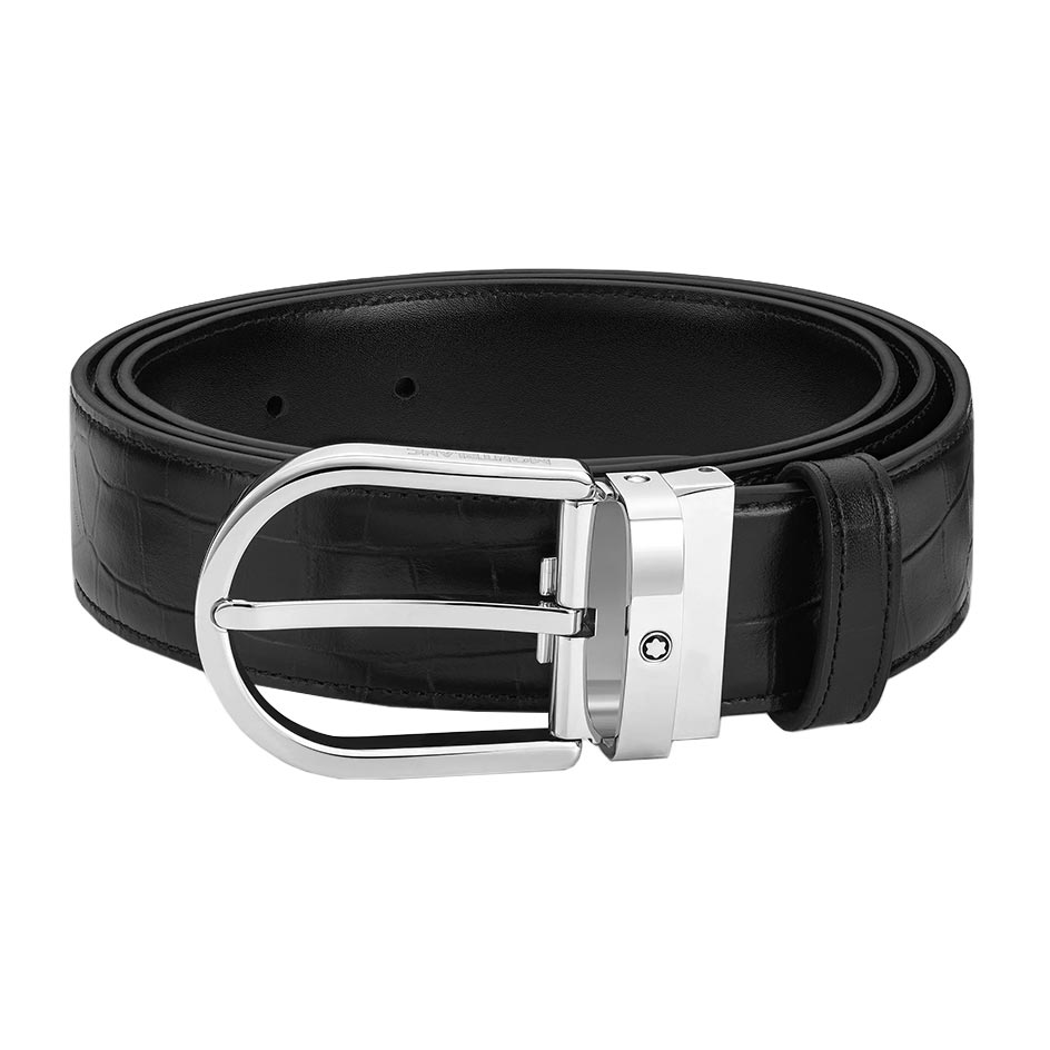 Horseshoe Buckle Printed Black/Plain Black 35 mm Reversible Leather Belt