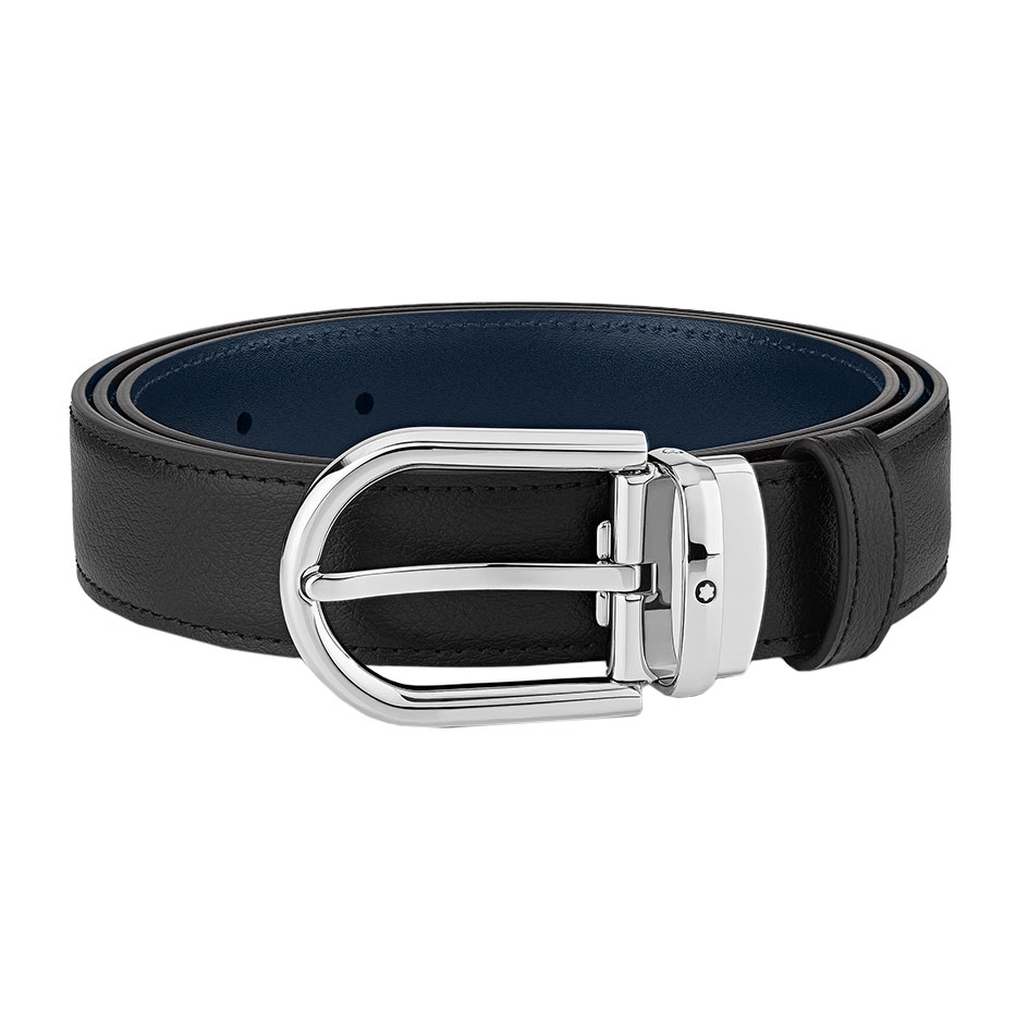 Horseshoe Buckle Black/Blue 30 mm Reversible Leather Belt